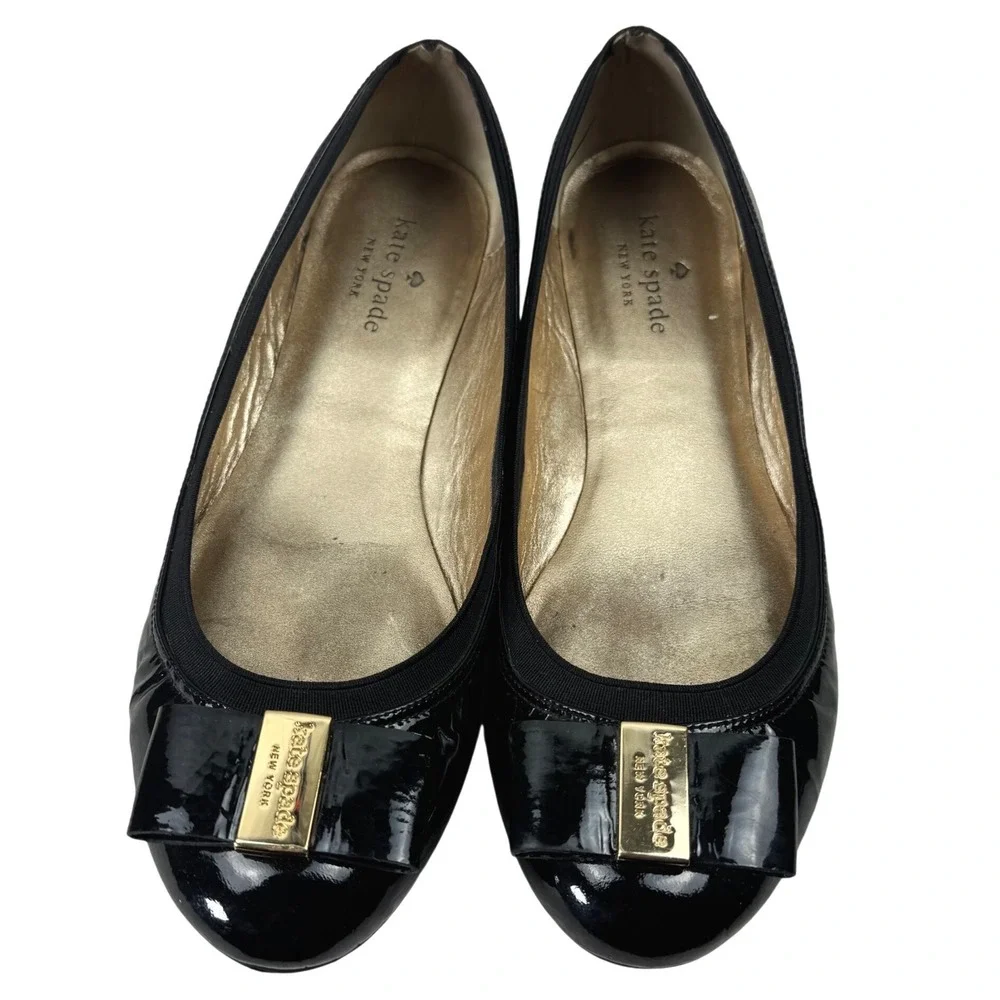 Kate Spade Ballet Flats Womens 8.5M Black‎ Patent Leather Bow Gold Logo Designer